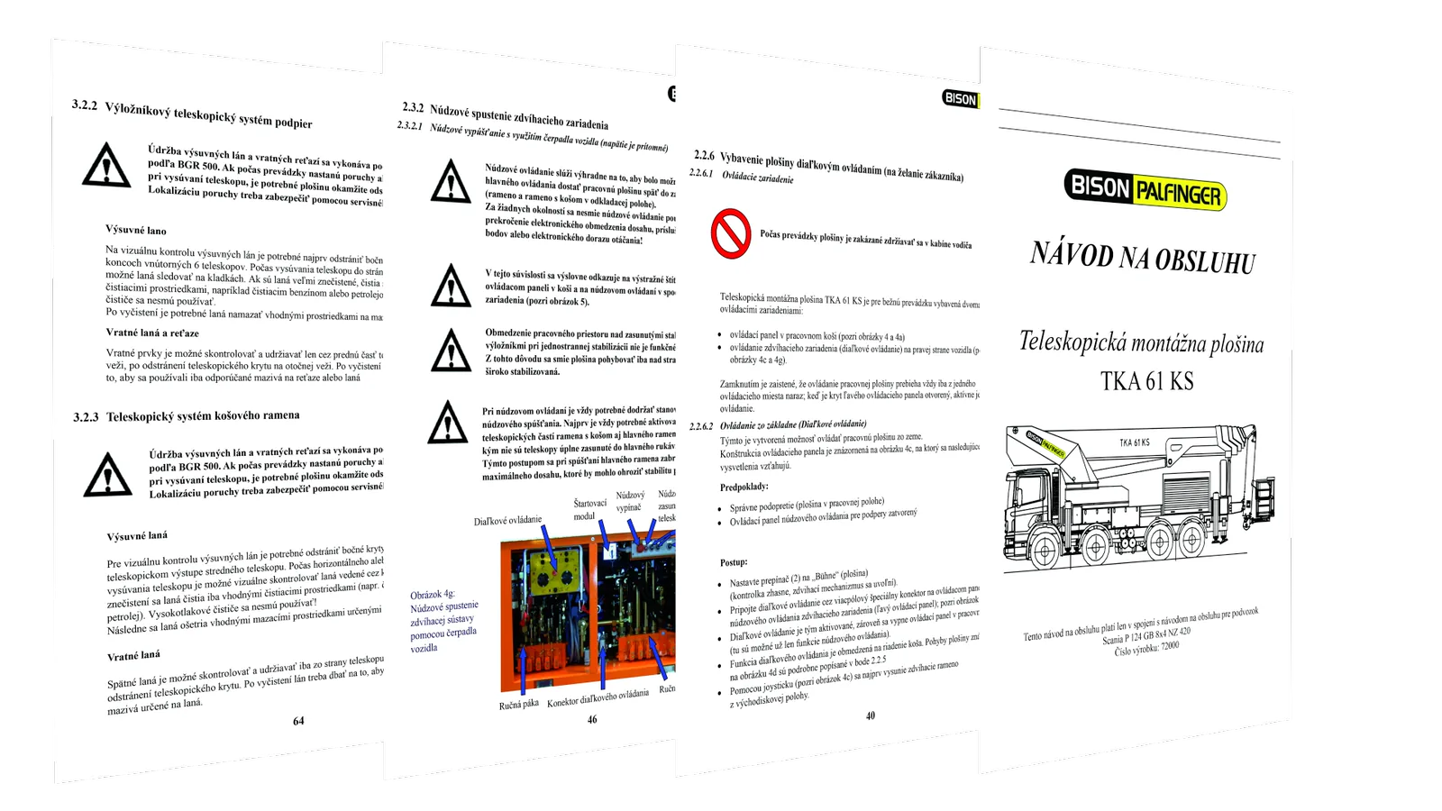 A German technical manual for the Bison Palfinger TKA 61 KS aerial
                  work platform fanning out into pages and localized into Slovak.